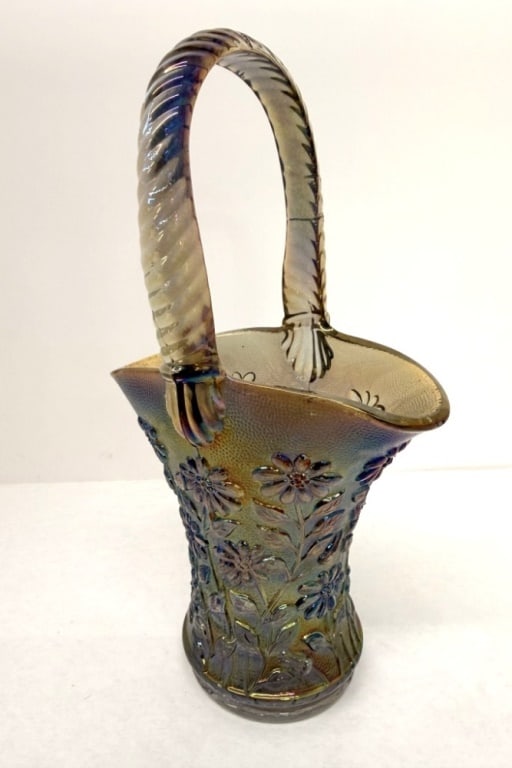 VINTAGE IMPERIAL SMOKE CARNIVAL GLASS: VTG IMPERIAL SMOKE PEACOCK CARNIVAL GLASS DAISY BASKET