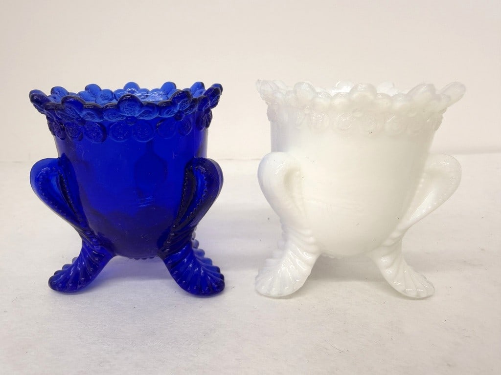 (2) BOYD TOOTHPICK HOLDERS: BOYD GLASS FORGET ME NOT MILK WHITE AND COBALT BLUE TOOTHPICK HOLDERS