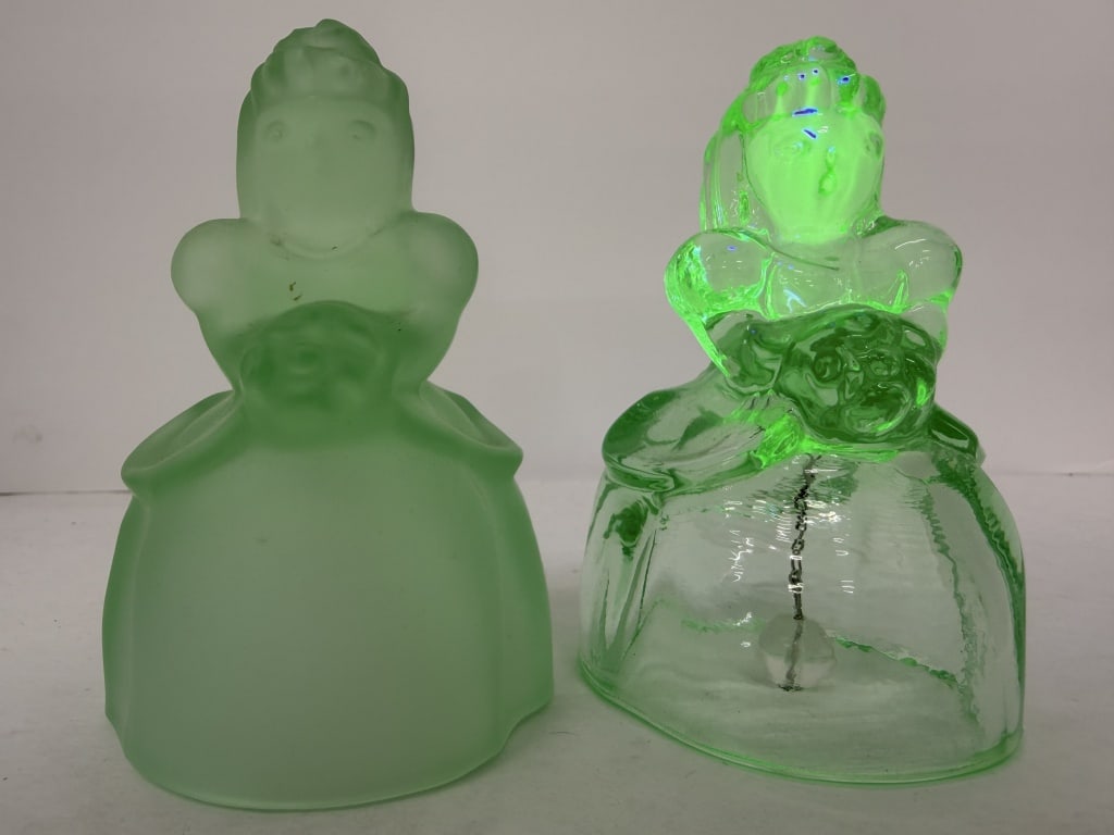 (2) URANIUM GLASS COLONIAL LADIES: URANIU, SLAG GLASS COLONIAL LADY FIGURES