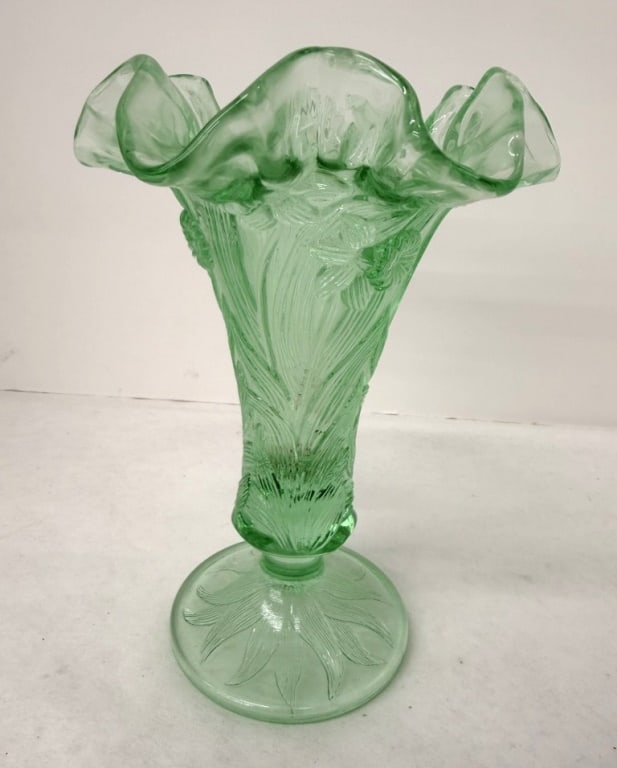 FENTON GREEN OPALESCENT TRUMPET VASE: TESTED AND DOES NOT GLOW, STAMPED ON BOTTOM