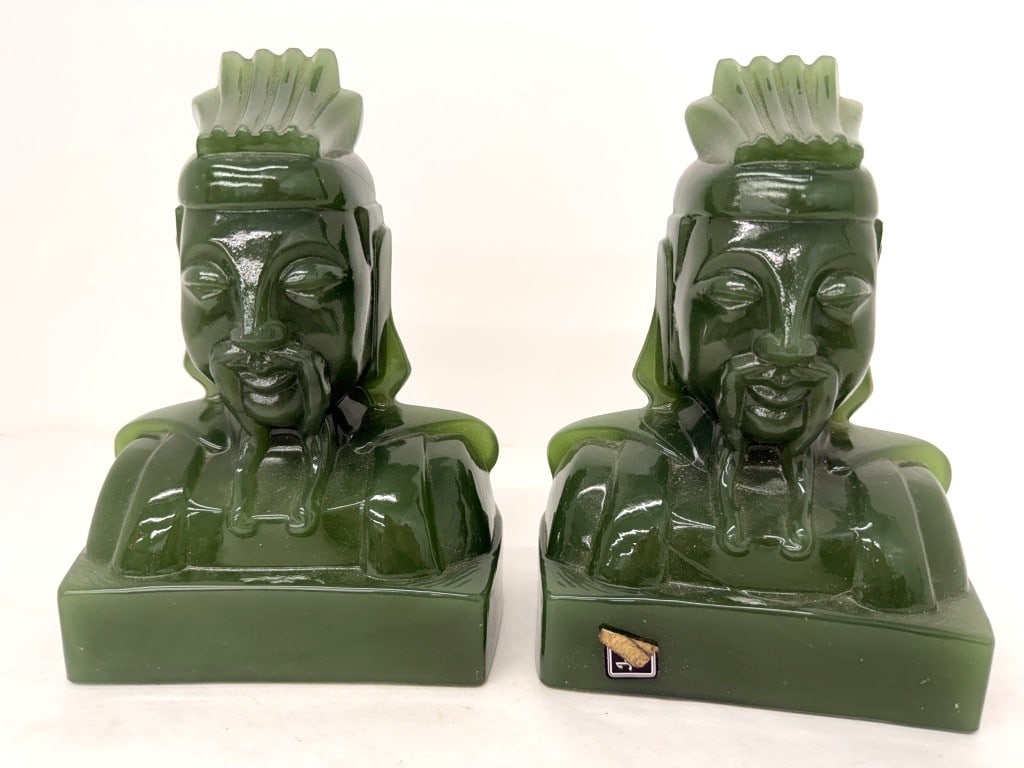 CATHAY IMPERIAL GLASS BOOKENDS: CATHAY IMPERIAL GLASS DYNASTY JADE EMPRESS AND LU TANG MANDARIN BOOKENDS