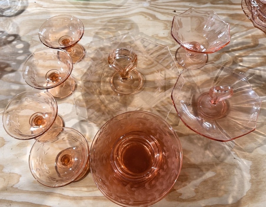PINK DEPRESSION GLASS SET (1 of 2)