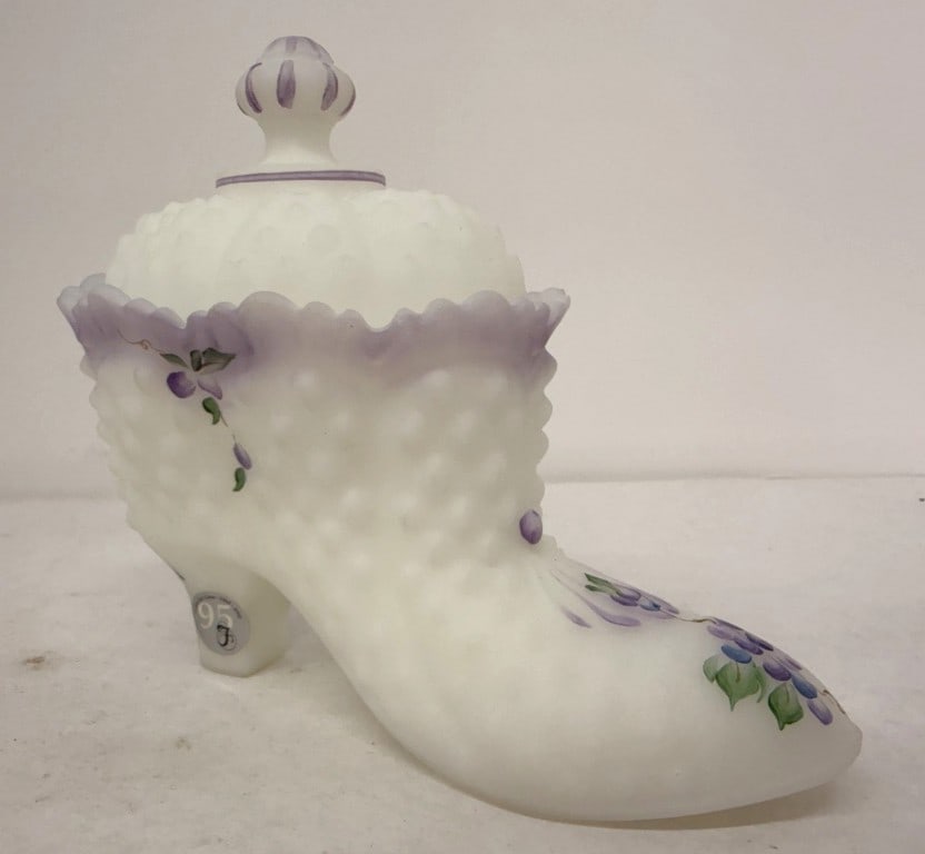FENTON PURPLE FLORAL SHOE TRINKET BOX: HAND PAINTED, ARTIST SIGNED