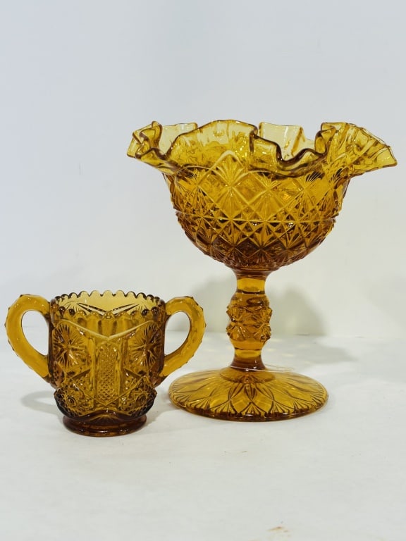 FENTON AMBER RUFFLED COMPOTE DISH: FENTON AMBER RUFFLED COMPOTE DISH AND TOOTHPICK HOLDER