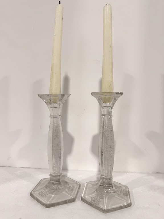 CRYSTAL FLORAL ETCHED CANDLESTICK: PAIR