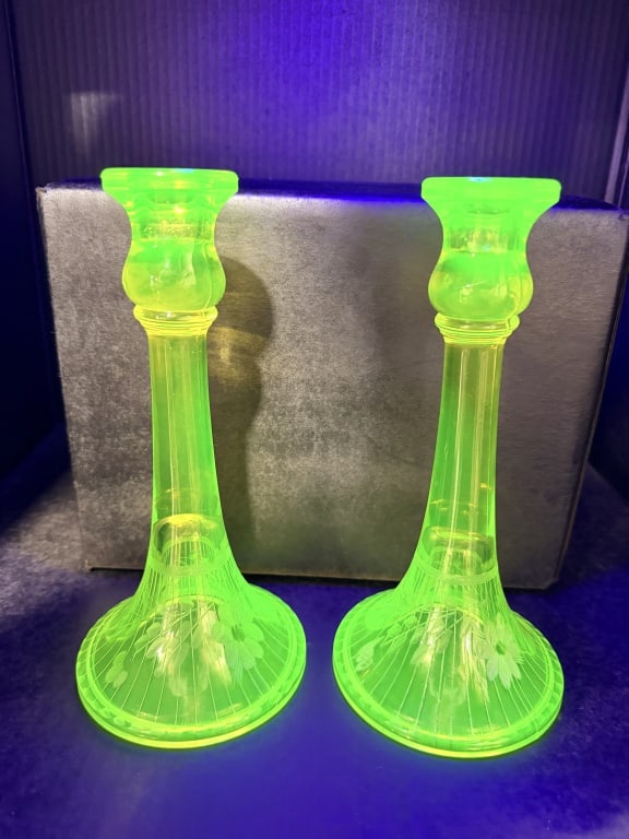 PAIR OF URANIUM CANDLESTICK HOLDERS (1 of 3)