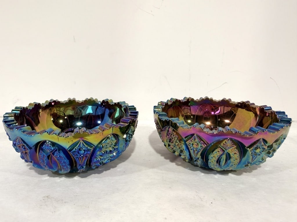 L. E. SMITH AMETHYST CARNIVAL GLASS CANDLE HOLDERS: PAIR
