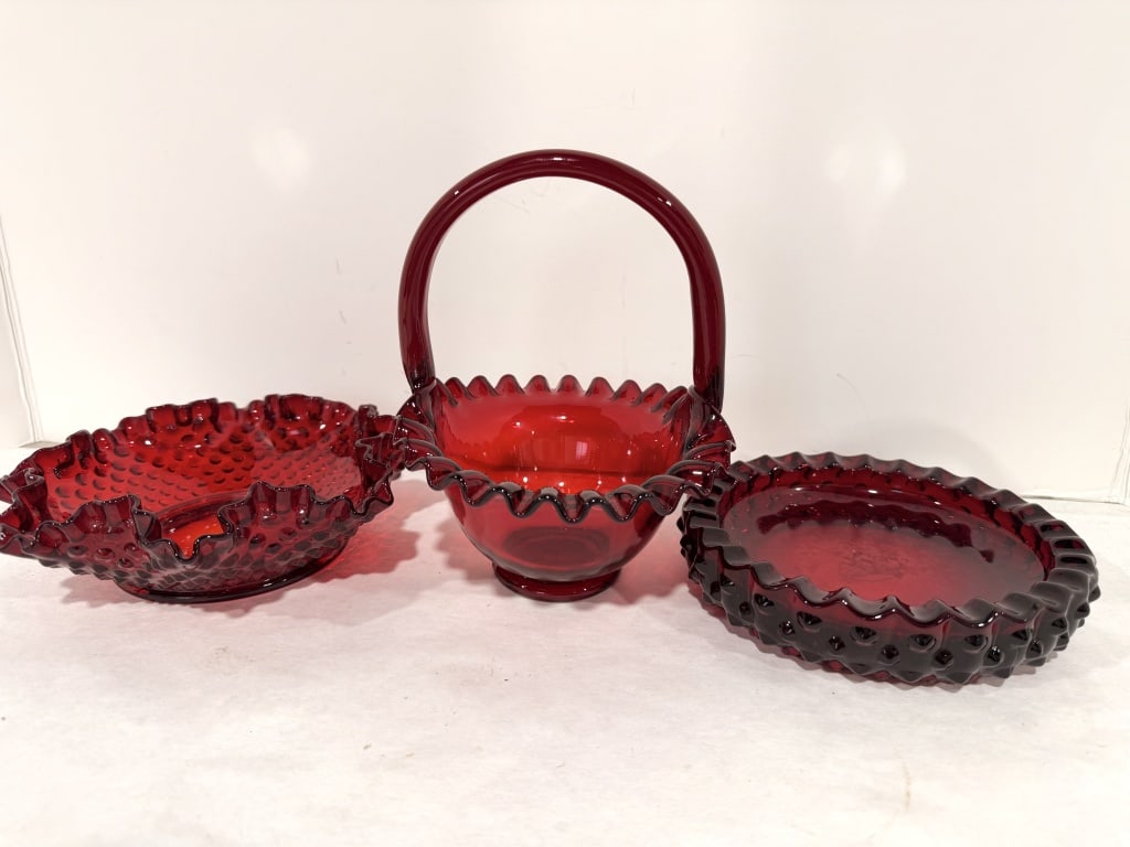 RED HOBNAIL FENTON BASKET GLOWS (1 of 8)