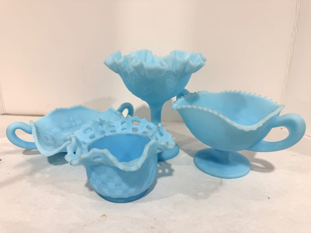 VTG FENTON BLUE SATIN GLASS SET (1 of 4)
