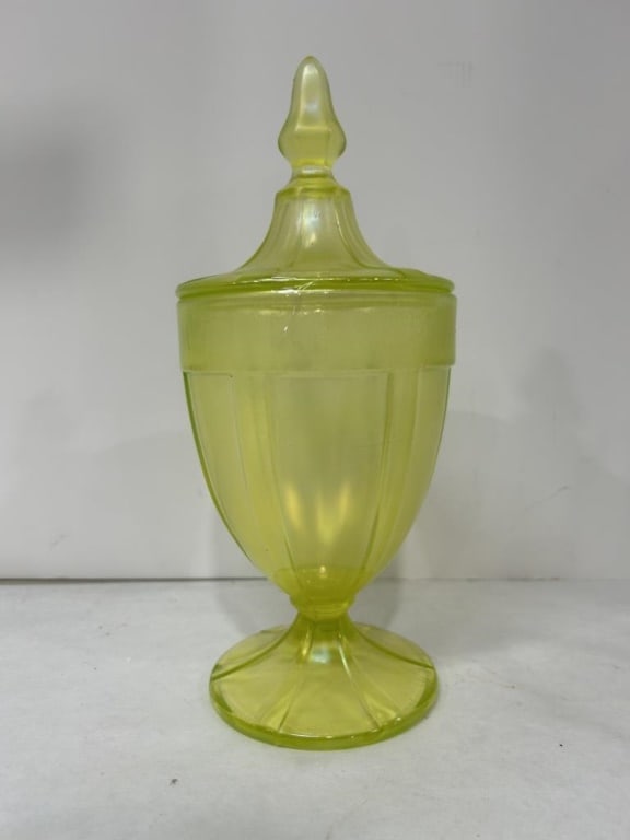 FENTON TOPAZ URANIUM CANDY JAR: HAIR LINE CRACK INSIDE, DOES NOT GO THROUGH TO OUTSIDE OF JAR