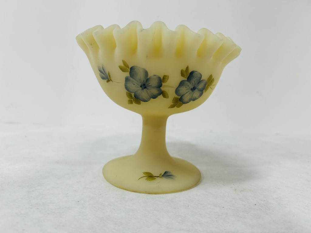 FENTON CUSTARD SATIN GLASS COMPOTE: FENTON CUSTARD SATIN GLASS COMPOTE WITH HAND PAINTED FLORAL DESIGN BY LISA C
