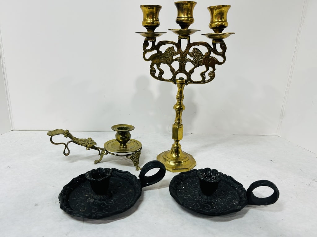VINTAGE CAST IRON CANDLE STICK HOLDERS: LTO ALSO INCLUDES BRASS CANDLE STICK HOLDER