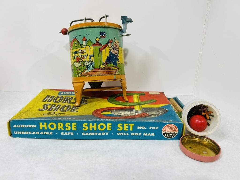 VINTAGE 3 LITTLE PIGS TOY WASHING MACHINE: VINTAGE JACK SET, HORSE SHOES AND J. CHEIN AND CO 3 LITTLE PIGS WASHING MACHINE