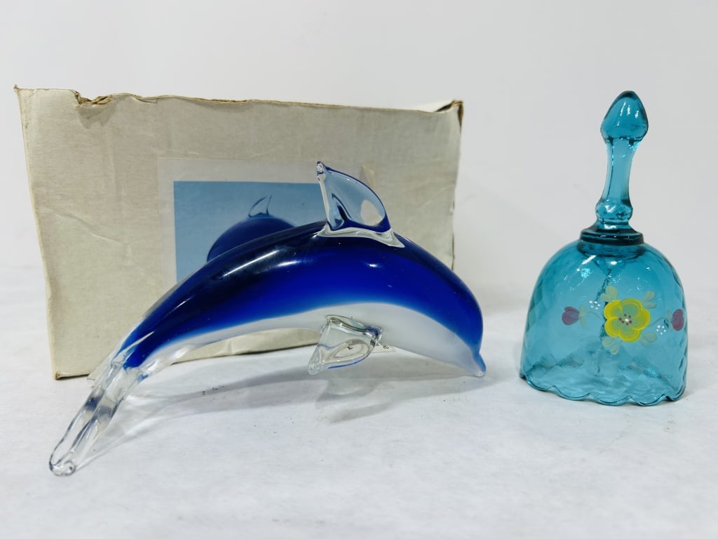 HAND BLOWN GLASS DOLPHIN AND FENTON BELL: HAND BLOWN GLASS DOLPHIN IN MURANO STYLE AND VINTAGE GLASS BELL