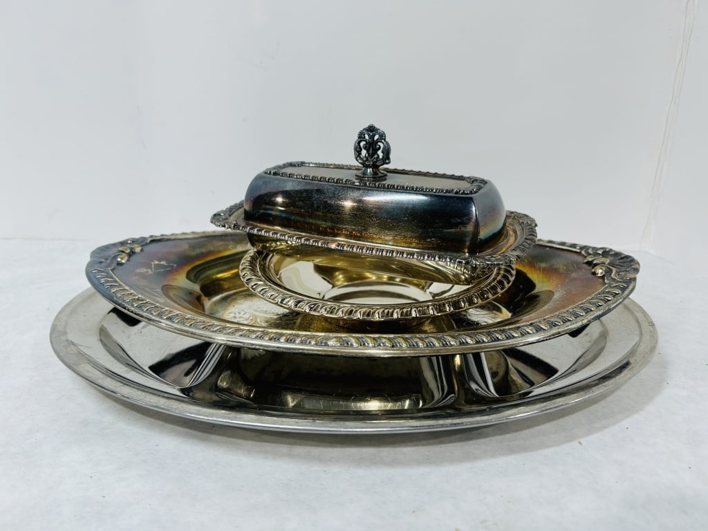 VINTAGE SILVER PLATED SERVING DISHES: UNTESTED