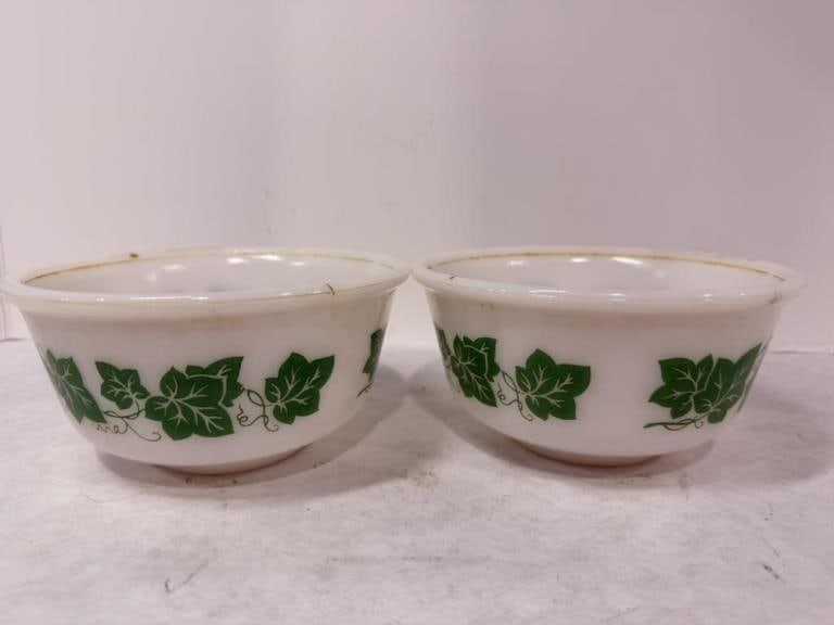 VINTAGE HAZEL ATLAS GREEN IVY MILK GLASS BOWLS: AS IS