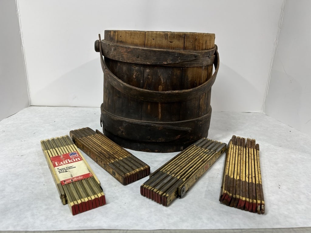 VINTAGE 6' EXTENTION RULE: LOT OF 4 6' EXTENTION RULE AND WOODEN PAIL
