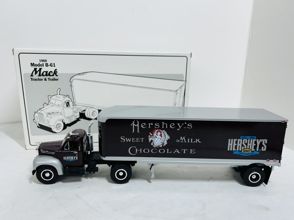 1ST GEAR 1/34 MACK HERSHEY 100TH ANNIVERSARY: DIECAST, MIRRORS AND EXTRA TIRES INCLUDED IN BOX, 1960 MACK B-61 TRACTOR TRAILER #940728