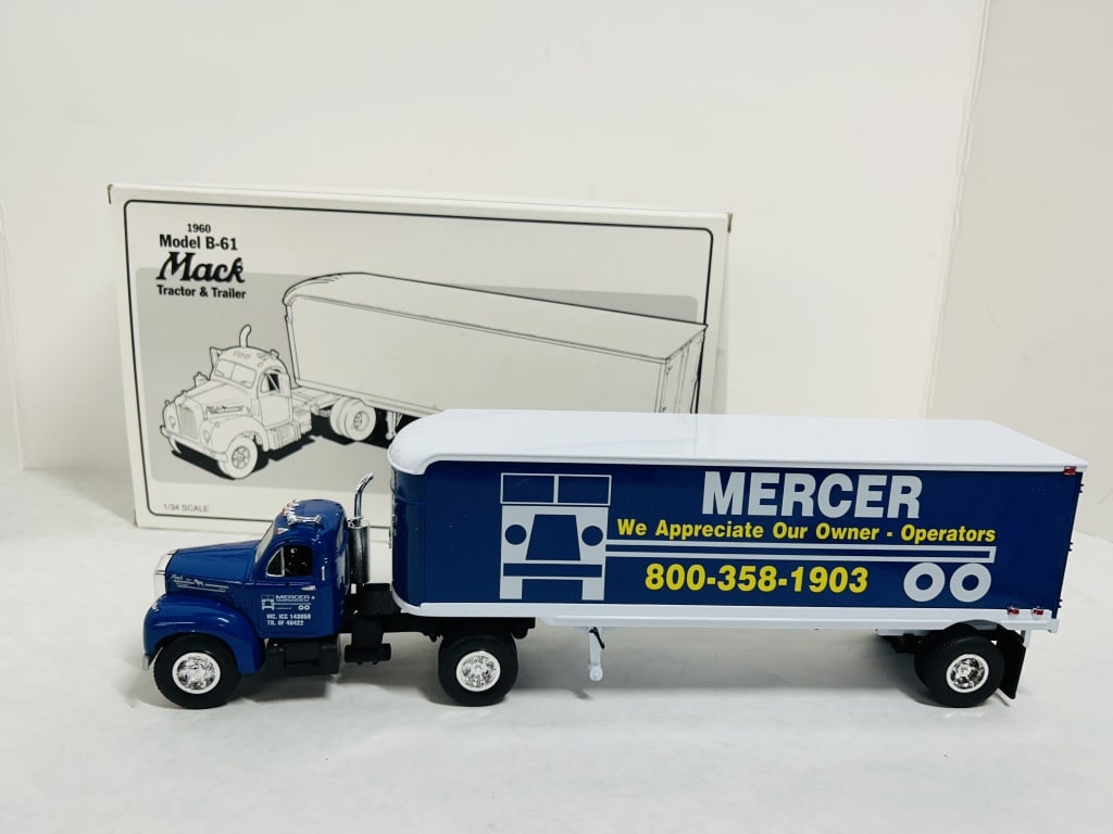 1STGEAR 1/34 MACK MERECER TRANSPORT CAB/TRAILER: DIECAST, 1960 MACK B-61 FEATURING MERCER TRANSPORTATION TRACTOR TRAILER, MIRRORS AND EXTRA WHEELS INCLUDED IN BOX