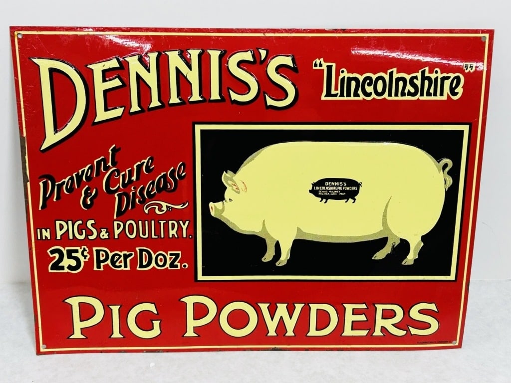 DENNIS'S PIG POWDERS EMBOSSED METAL SIGN: 13.5" X 10" SS