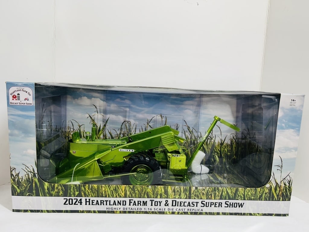 SPECCAST 1/16 METALIC GREEN OLIVER 1650: HIGHLY DETAILED DIECAST, 2024 HEARTLAND FARM TOY & DIECAST SUPER SHOW HIGHLY DETAILED OLIVER 1650 WITH CORN PICKER, STOCK #33123