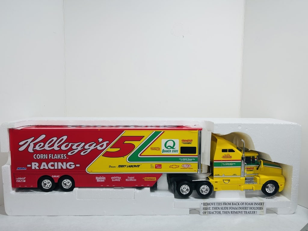 KELLOGG'S RACING TRACTOR TRAILER: DIECAST, IN ORIGINAL PACKAGE, NEVER REMOVED FROM STYRAFOAM