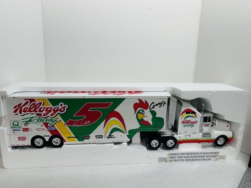 KELLOG'S RACING TRACTOR TRAILER: DIECAST, IN ORIGINAL PACKAGE, NEVER REMOVED FROM STYRAFOAM