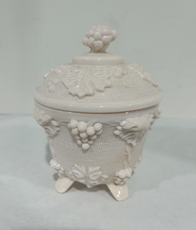 JEANNETTE SHELL PINK MILK GLASS FOOTED DISH: GRAPEVINE MOTIF