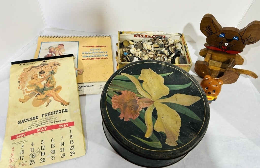 LOADED LOT OF VINTAGE BUTTONS AND CALENDARS: ALL ONE MONEY