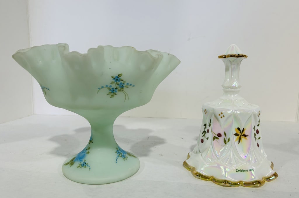 FENTON BLUE SATIN HANDPAINTED COMPOTE (1 of 8)