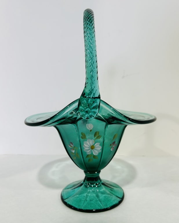 FENTON HANDPAINTED EMERALD BASKET W RUFFLED EDGE (1 of 6)