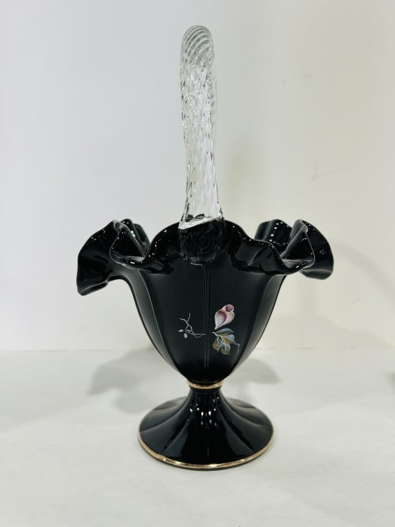 FENTON HANDPAINTED BLACK BASKET WITH CLEAR HANDLE: PAINTED BY C MACKEY