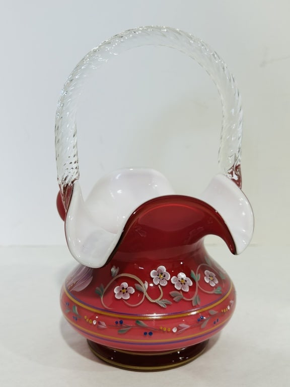 FENTON HANDPAINTED CRANBERRY BASKET 111/250 (1 of 6)