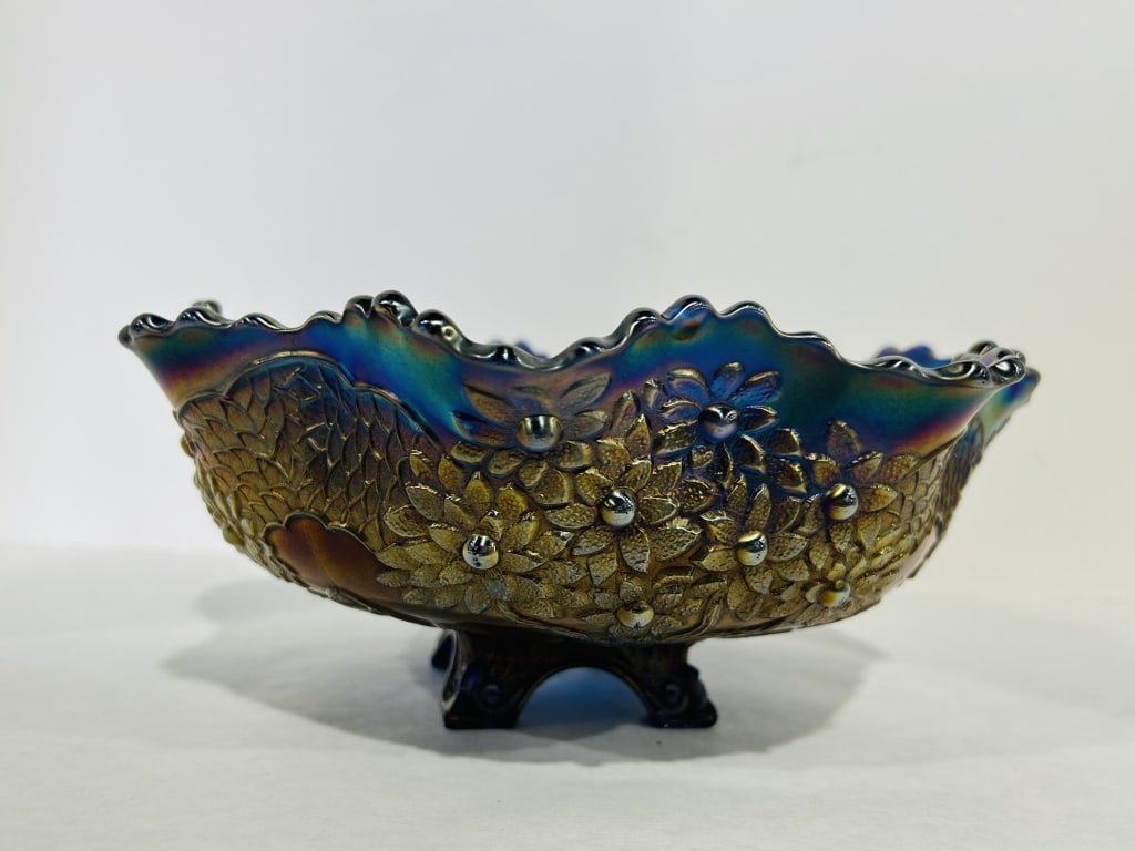 CARNIVAL GLASS COBALT FOOTED BOWL: BOWL