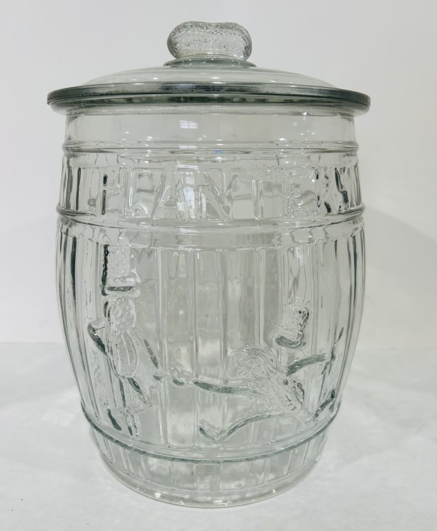 VINTAGE GLASS PLANTERS PEANUTS BARREL JAR: .