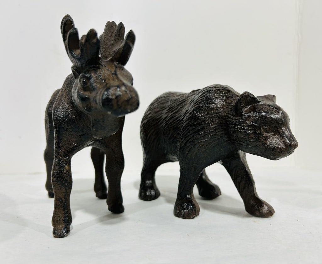 CAST IRON MOOSE AND BEAR FIGURINES: .