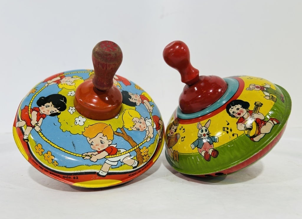 VINTAGE TIN LITHO SPINNING TOPS: .