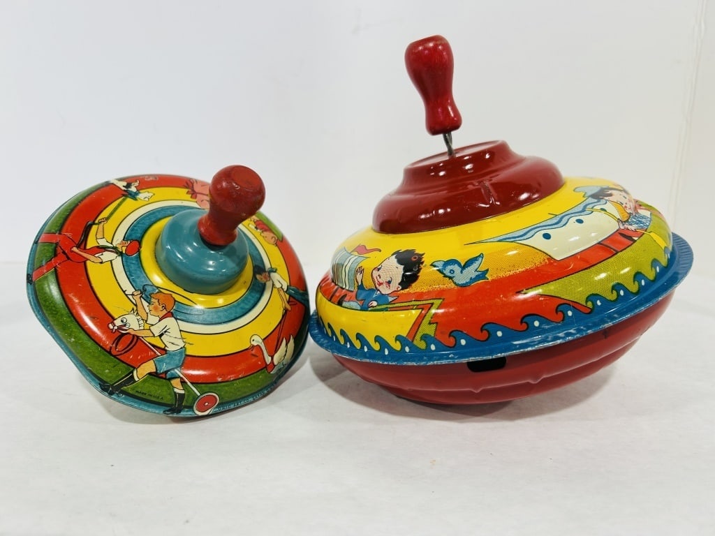 VINTAGE TIN LITHO SPINNING TOPS: .