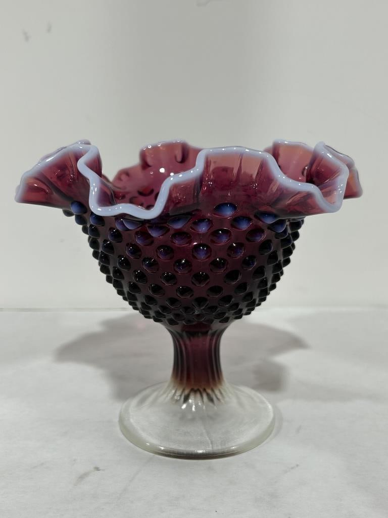 FENTON PLUM OPALESCENT HOBNAIL RUFFLED COMPOTE: .