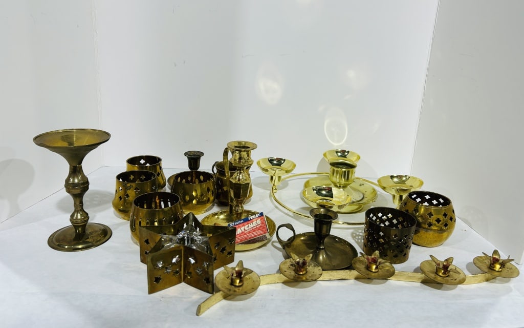 LOADED LOT OF BRASS CANDLE HOLDERS: .