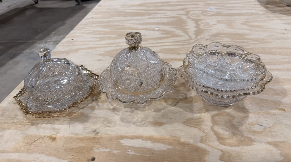 PRESSED CRYSTAL GLASS BUTTER DISHES: GOLDEN ACCENTS