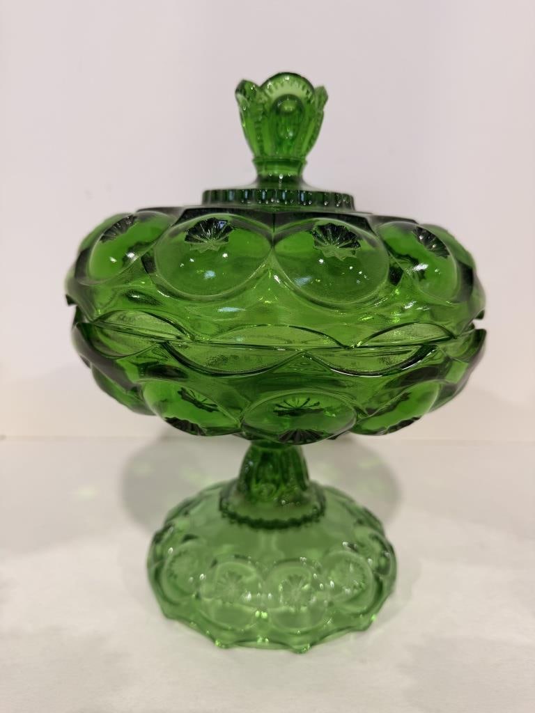L.E. SMITH MOON & STARS EMERALD GLASS COMPOTE (1 of 12)