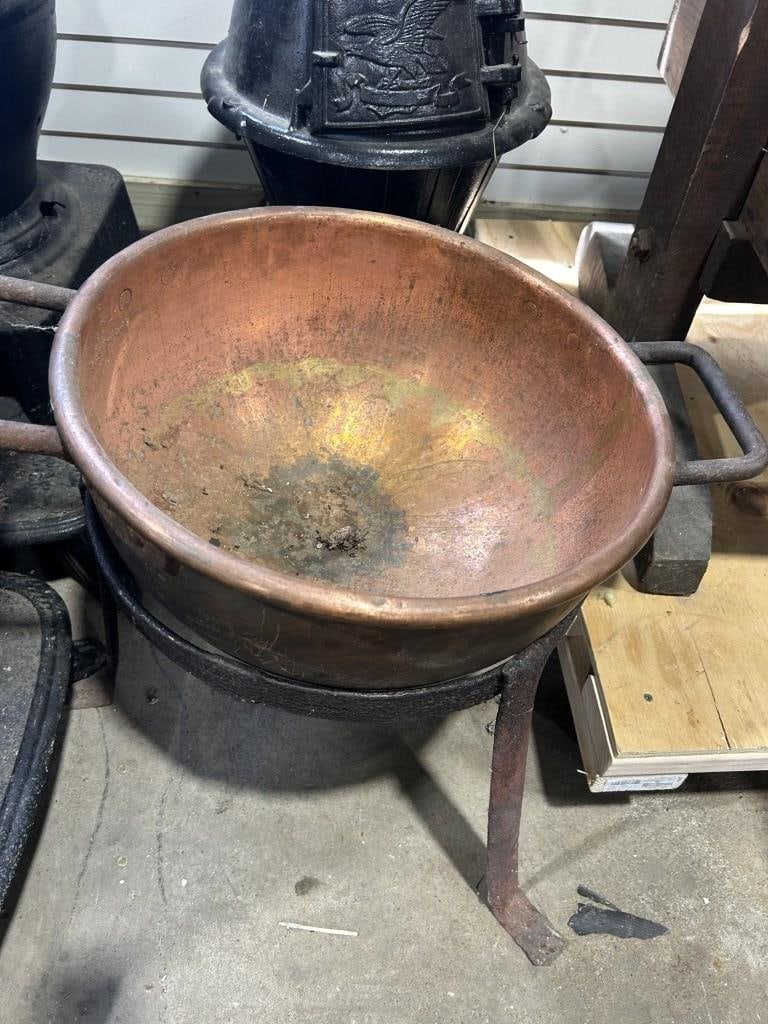 LARGE COPPER CAULDREN AND CAST IRON STAND: NO SHIPPING