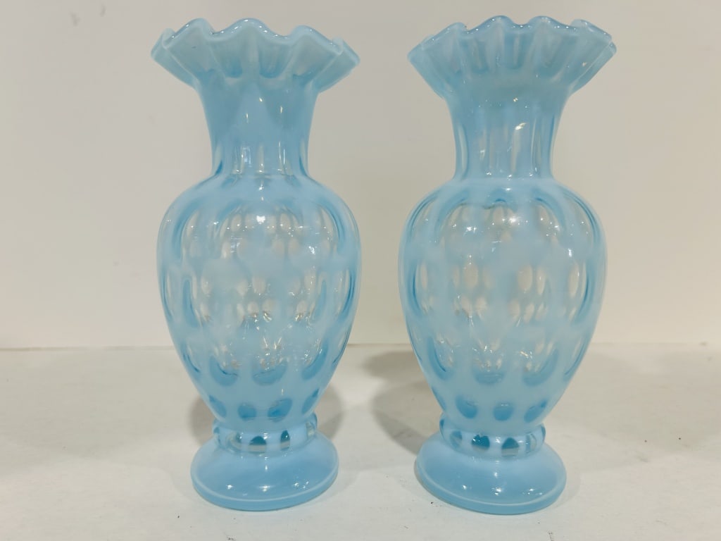 PAIR OF FENTON COIN DOT BLUE RUFFLED VASES: .