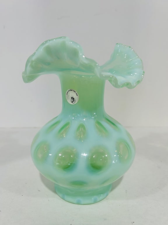 FENTON COIN DOT LIGHT JADEITE RUFFLED VASE: .