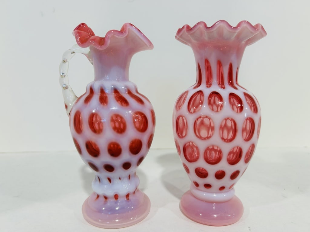 FENTON COIN DOT PINK RUFFLED VASES: .
