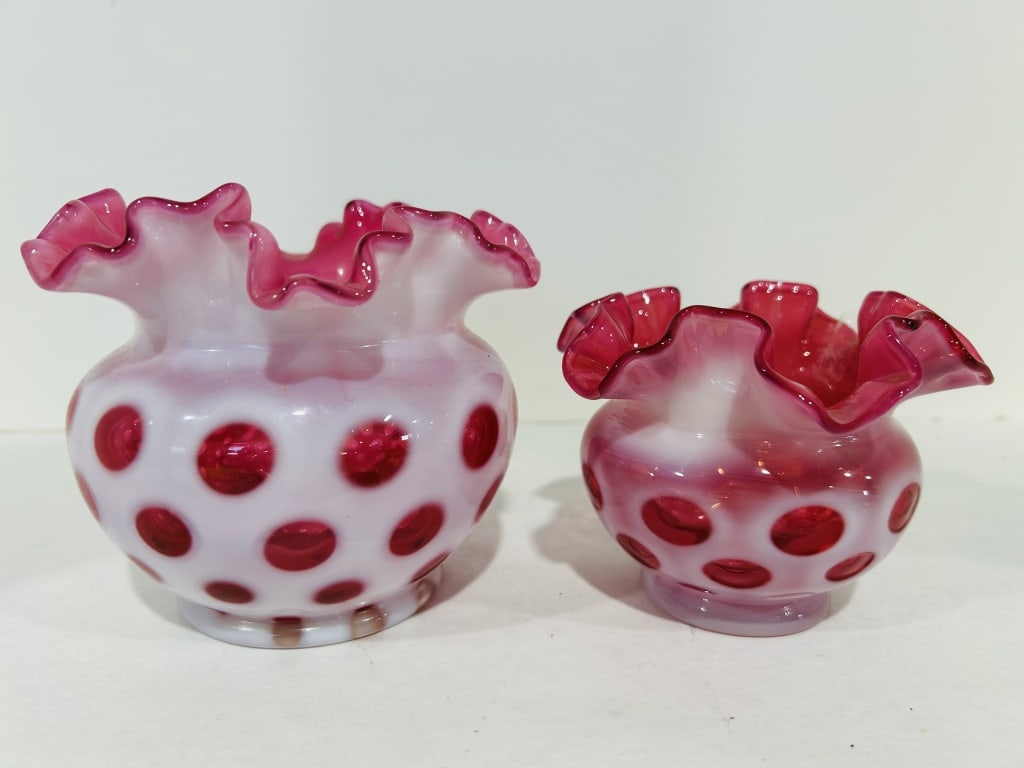PAIR OF FENTON COIN DOT PINK RUFFLED VASES: .