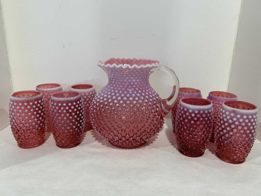 FENTON GLASS CRANBERRY PINK HOBNAIL PITCHER SET (1 of 12)