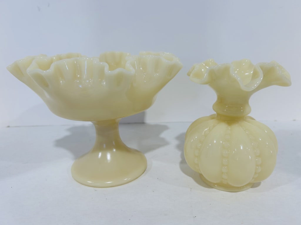 FENTON CUSTARD RUFFLED EDGE COMPOTE AND VASE: .