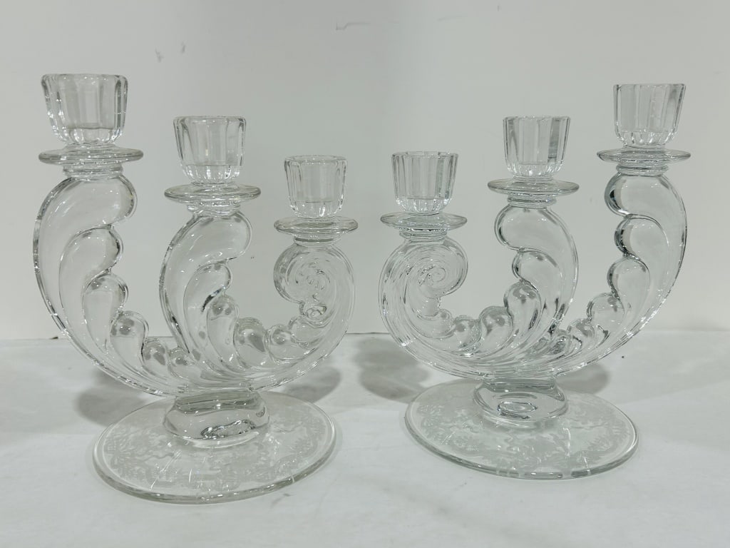 VINTAGE FOSTORIA 3 CANDLE PLUME CANDLESTICKS: SET OF 2